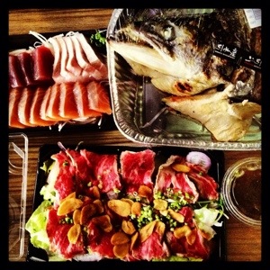 Sashimi, Beef Sashimi and Salmon Head