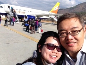 Happy couple landing in Paro
